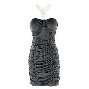 HKR $60 Sz S Black Ruched Silver Necklace Halter Poly Spandex Sexy Dress